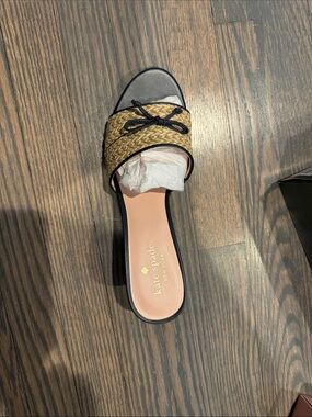 kate spade Tan Woven Slide with Black Toe and Bow